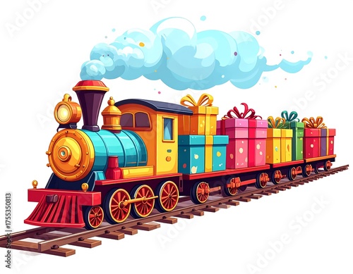 Festive Holiday Train Delivering Gifts with Colorful Presents.