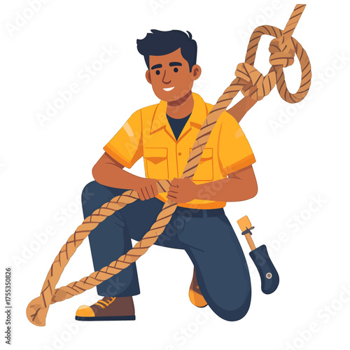Man Kneeling Holding Large Brown Rope in Yellow Shirt with Blue Pants on White Background