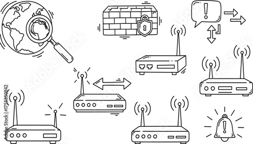 Internet Security and Global Networking Doodle Icons Set with WiFi Routers, Firewall, and Warning Alert.