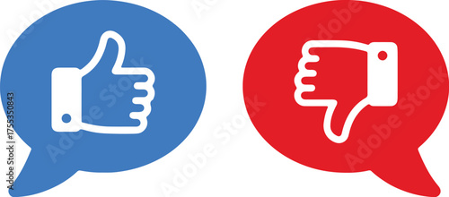 thumbs up, thumbs down, like, dislike, approval, disapproval, vote, opinion, feedback, social media, icon, symbol, speech bubble, chat, communication, blue, red, white, graphic, design, illustration, 