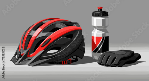 Get ready to ride with this cycling gear including a helmet, water bottle, and gloves, perfect for outdoor adventures and fitness goals