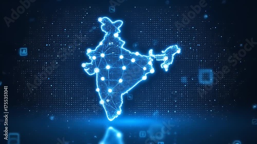 Digital glowing outline map of India illuminated in blue light with connected nodes and a dark background representing technology and connectivity