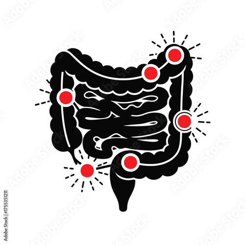 Human Intestines with Pain Points Indicating Digestive Issues.