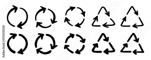Set of hand drawn recycle arrow icon Recycling resources symbol Reuse of materials, zero waste, green environment, saving the planet