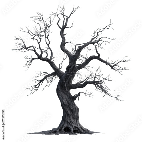 A gnarled and spooky tree with bare branches isolated on transparent background, casting a long shadow, evoking a sense of mystery and foreboding in the stark landscape