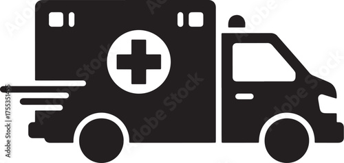 Simple black silhouette icon of a speeding ambulance.