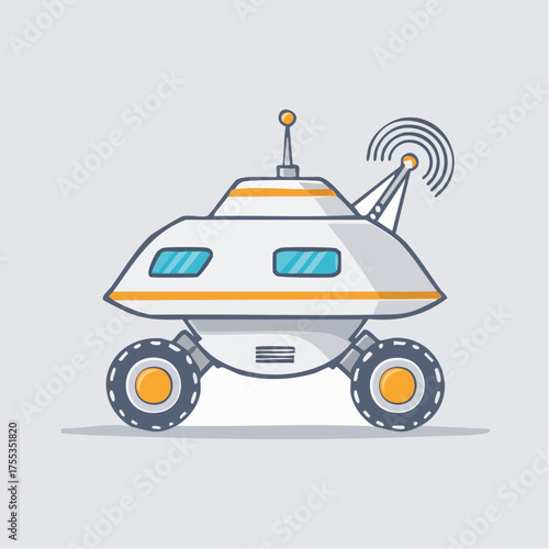 Cartoon style lunar rover exploring the surface of moon with antenna icon