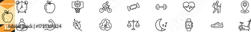 Healthy lifestyle line icons set featuring exercise nutrition and wellness elements vector