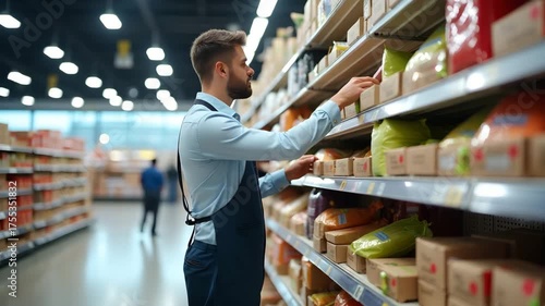Wallpaper Mural Retail manager updating shelf price tag increase notifications after supplier cost adjustments in spacious supermarket aisle in  Photo Stock  Concept  and empty space on the left side Torontodigital.ca