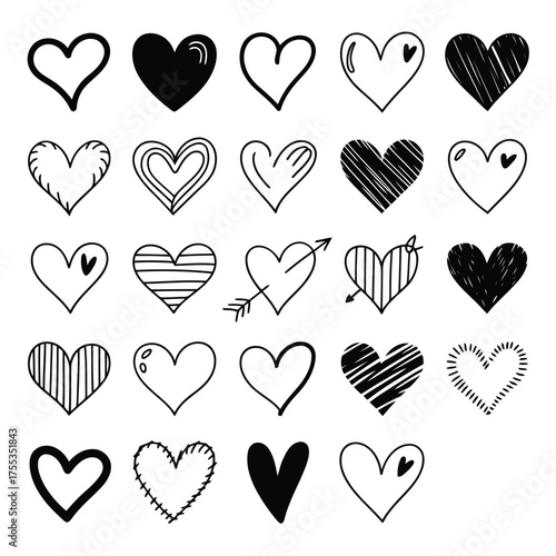 Collection of Hand Drawn Black and White Hearts with Various Fill Styles and an Arrow love symbol