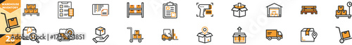Set of warehouse inventory icons representing logistics supply chain management and stock control vector