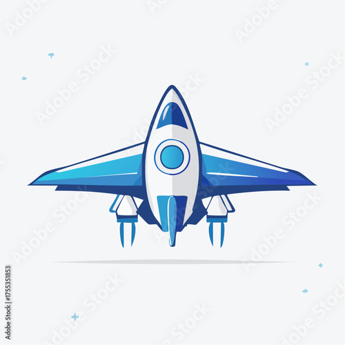 Cartoonish depiction of a blue and white rocket ship ready for interstellar travel