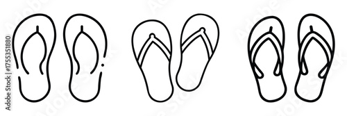 Collection of flip flop and sandal icons, summer footwear, beach shoes, and casual wear symbols, outline vector illustrations