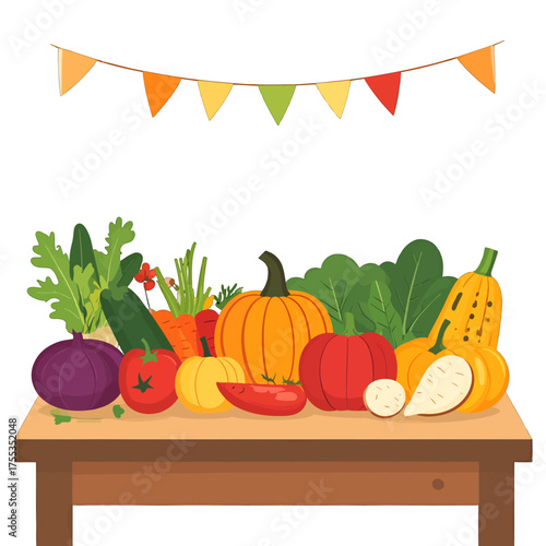 Pixel Art Still Life Composition Of Fresh Vegetables On Rustic Table With Hanging Garland Against White Background
