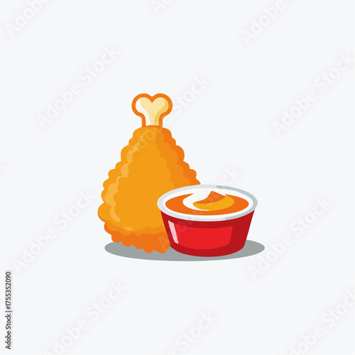 Crispy fried chicken leg and dipping sauce cartoon illustration on white background
