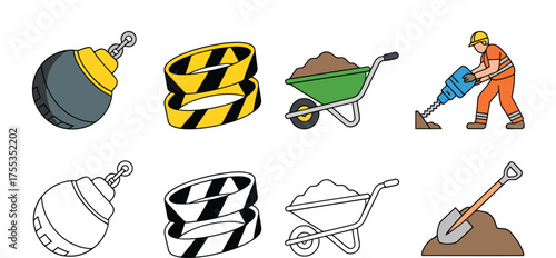 Construction worker with jackhammer wrecking ball caution tape and wheelbarrow with dirt vector