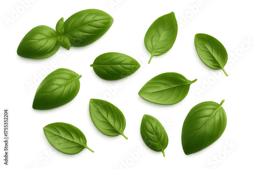 Fresh green basil leaves scattered, culinary herb ingredient, natural organic seasoning for food preparation