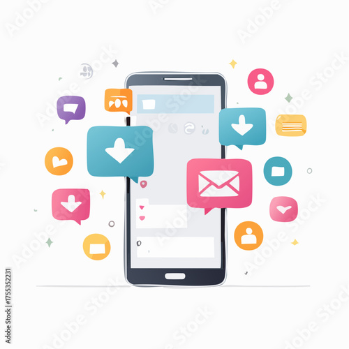 Smartphone Communication Message Bubbles and Download Arrows Representing Digital Interactions