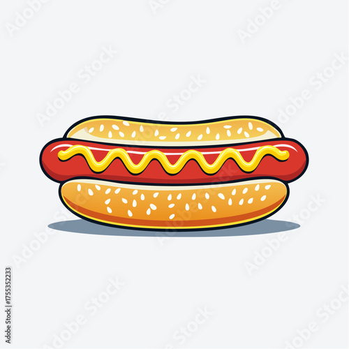 Delicious cartoon style hot dog with mustard on sesame seed bun illustration