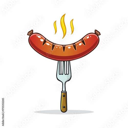 Delicious Grilled Sausage on a Fork Cartoon Illustration with Steam Effect