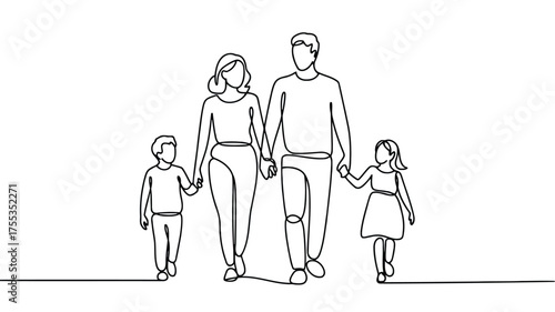 Continuous line drawing of a family walking hand in hand with two children vector