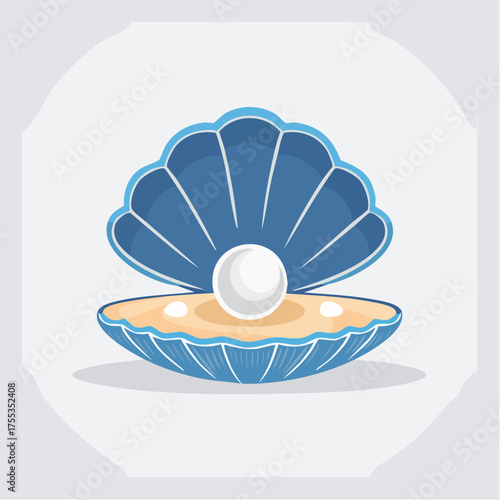 Elegant blue oyster shell illustration with a luminous pearl inside its embrace