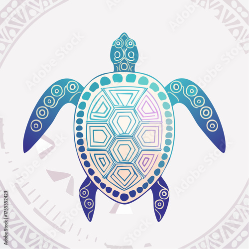 Elegant blue tribal turtle illustration with intricate patterns and gradient details