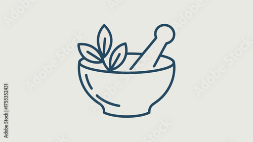 Dark blue outline icon of mortar and pestle with leaves on light grey background vector