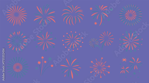 Coral and Teal Fireworks Bursting on Purple Background celebration explosion