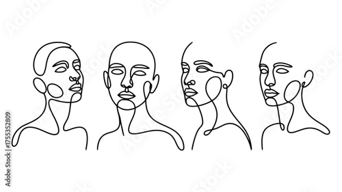 Four abstract continuous line drawing portraits of human faces in profile and front view black and white