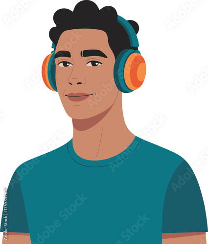 Flat illustration of a young man with dark curly hair wearing teal headphones and a teal t-shirt person