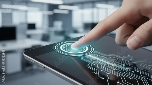 Finger Touching Digital Tablet Screen with Circuit Board and Glowing Circle in Modern Office.