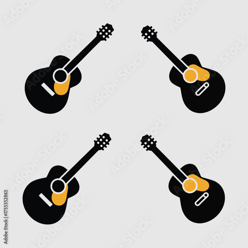 Four black acoustic guitars with orange soundholes arranged in a symmetrical pattern on a light gray background