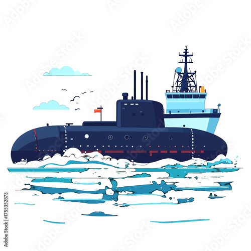 Pixel Art Submarine and Icebreaker Ship Amidst Ice Floes with Crisp Details