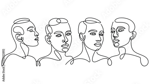 Four abstract continuous line drawings of human faces in profile and frontal views black and white