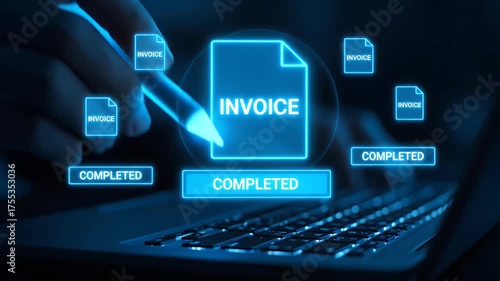 Digital Invoice Processing With Stylus On Laptop Over Dark Blue Background