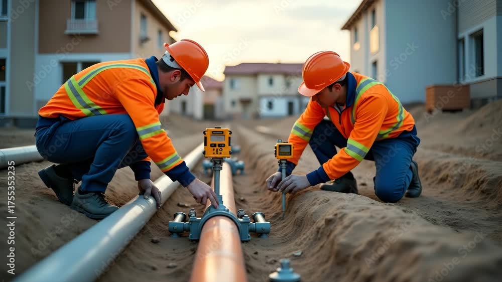 Utility technicians conducting water pipe inspection at residential ...