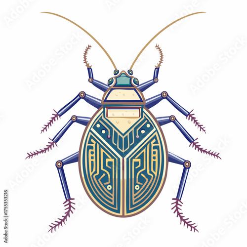 Intricate beetle illustration with geometric patterns and symmetrical design aesthetic