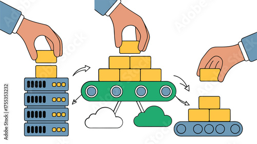 Hands stacking yellow blocks on servers and conveyor belts with clouds data technology
