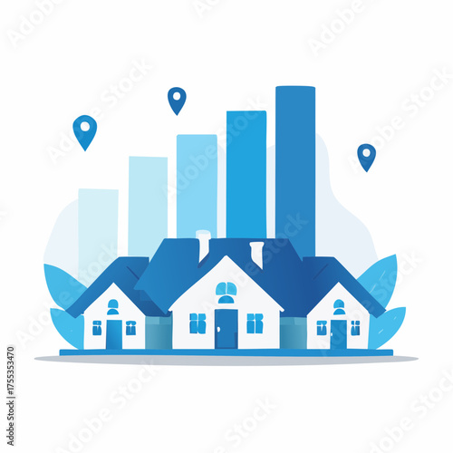 Real Estate Market Growth: Houses, Charts, and Location Pins Visual Representation