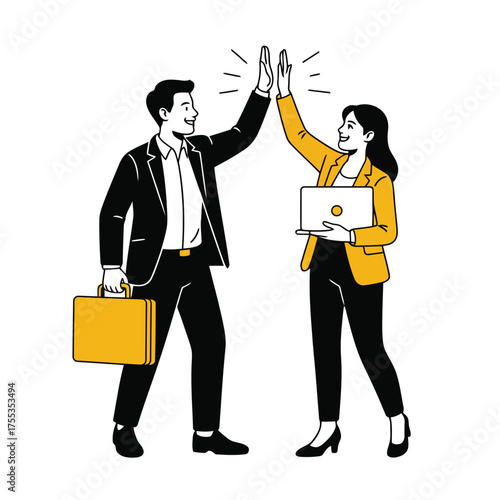 Man in black suit with yellow briefcase and woman in yellow jacket with laptop high-fiving business teamwork