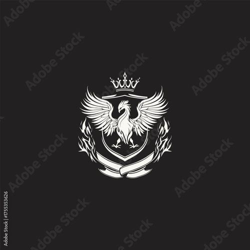 Majestic golden Phoenix bird heraldic crest logo crowned with a royal crown and resting on a shield