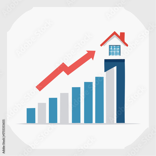 Rising real estate market trend shown with an upward arrow and house icon