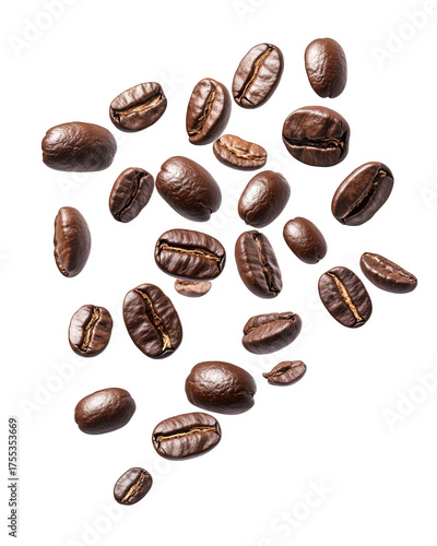 Scattered coffee beans isolated on transparent background create a visually appealing pattern, perfect for coffeerelated designs and backgrounds with a rich aroma