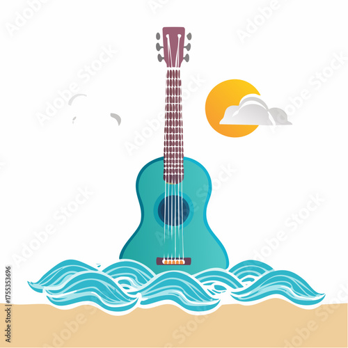 Serene Summer Melody: A Guitar on the Beach with Sun and Ocean Waves Illustration