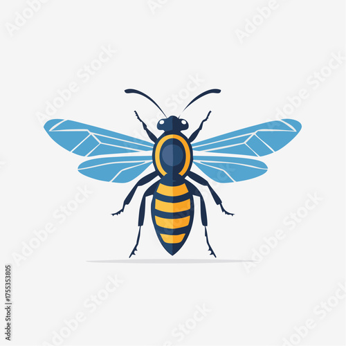 Stylish vector illustration of a blue and yellow bee against a white backdrop