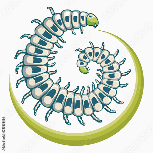 Stylized caterpillar in a spiral pose within a green circle design representing nature