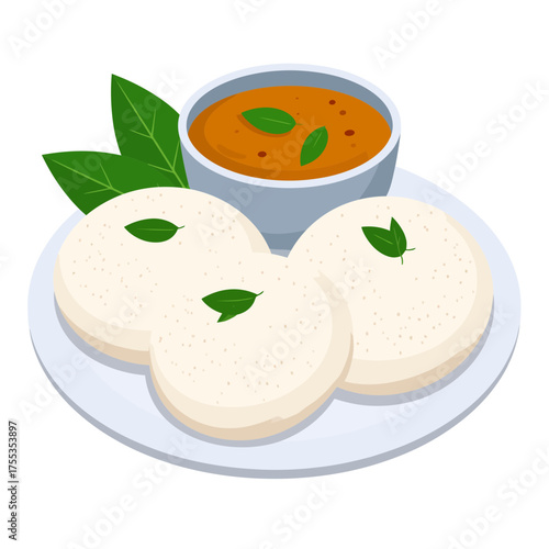 Idli Sambar South Indian Breakfast Dish with Coconut Chutney.