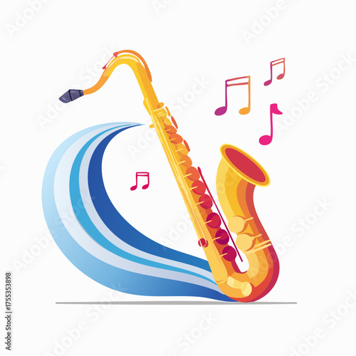 Stylized golden saxophone with musical notes and wave graphic illustration
