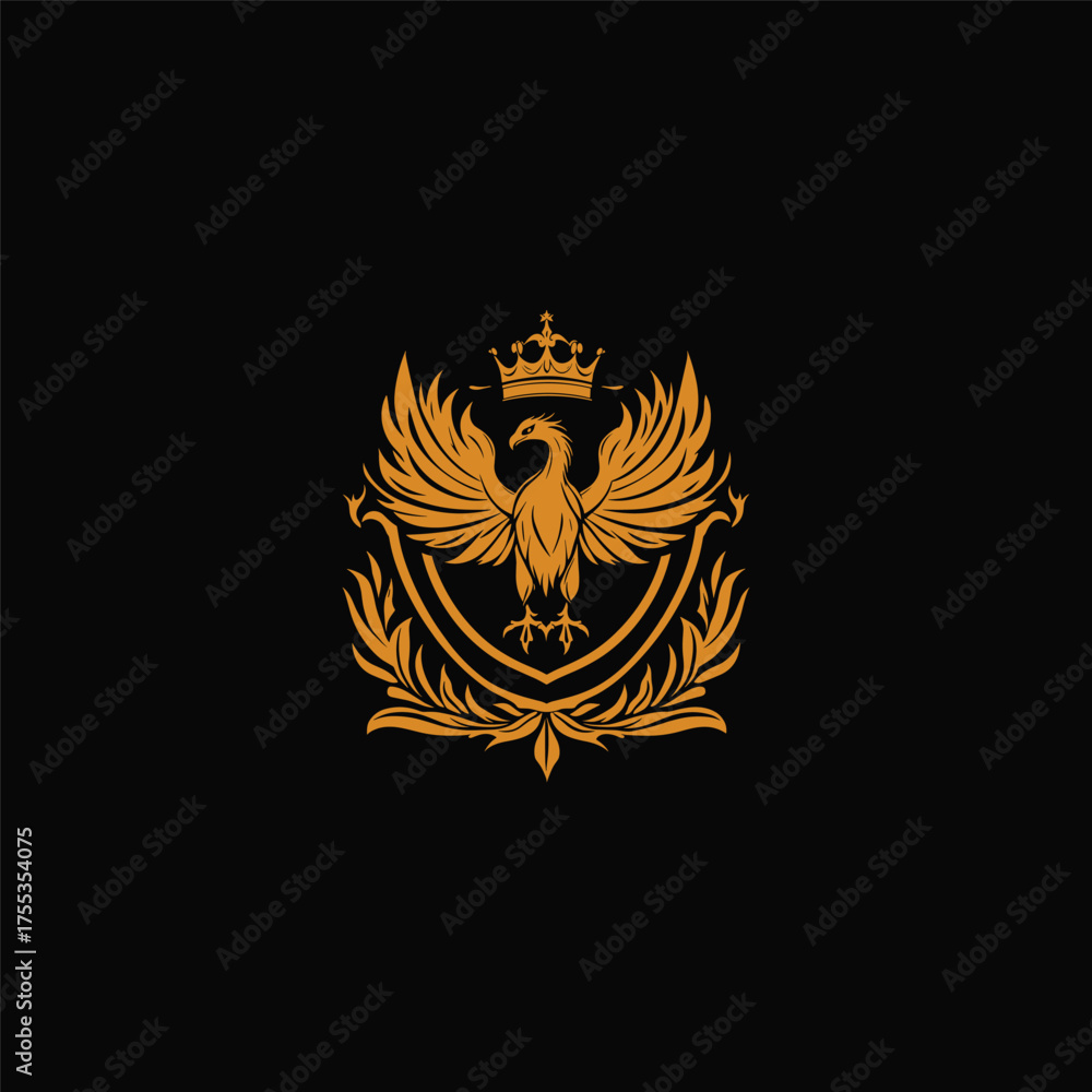 Fototapeta premium Majestic golden Phoenix bird heraldic crest logo crowned with a royal crown and resting on a shield